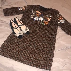 Zara tweed dress with detail floral embroidery